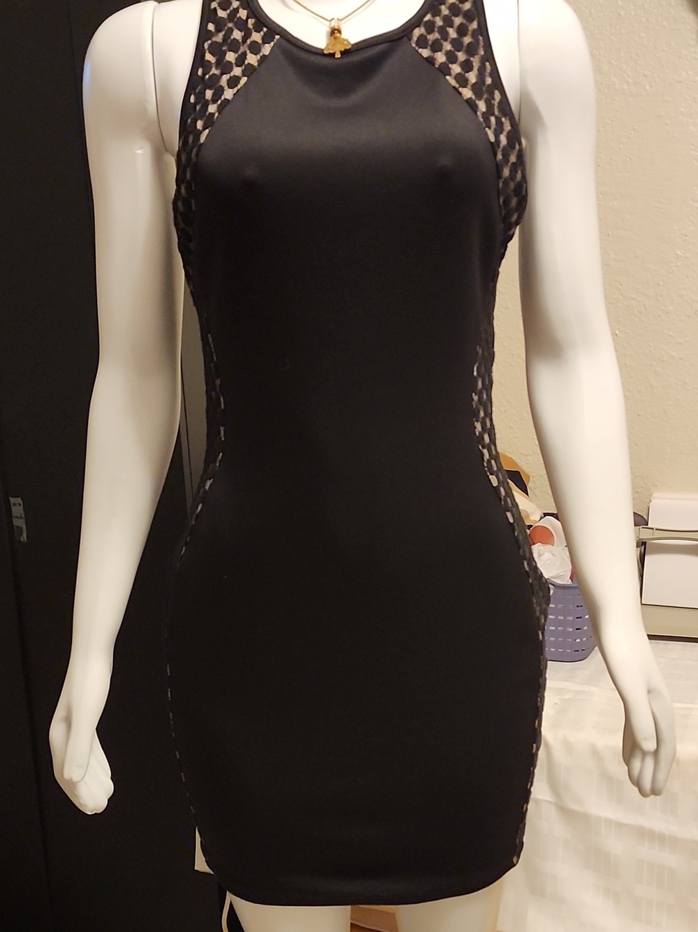Arden B Black Polka Dot Lace Round Neck Sleeveless Bodycon Mini Dress XS